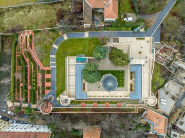 Aerial view of Gul Baba turbe, restord Turkish monument on Rose hill Budapest Hungary