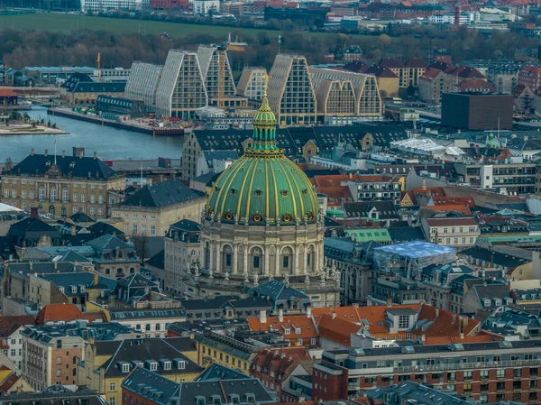 Luchtfoto Van Kopenhagen Frederik Kerk Met Groene Gouden Koepel — Stockfoto