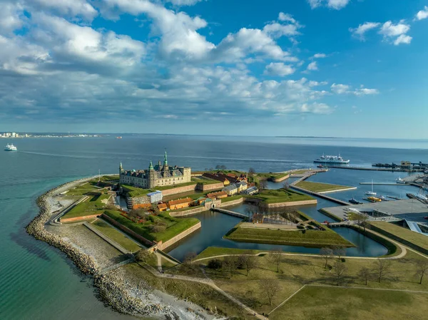 stock image Aerial view of Kronborg castle with ramparts, ravelin guarding the entrance to the Baltic Sea and the Oresund in Helsingor Denmark