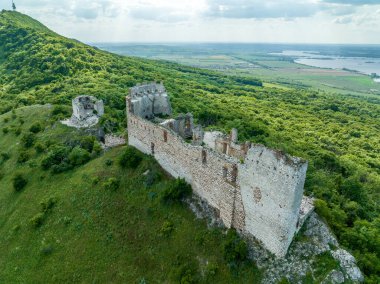 Güney Bohemya 'daki Devicky Şatosu' nun havadan görünüşü. Pavlov 'un üzüm bağlarının üzerinde iyi korunmuş çevre duvarları var.