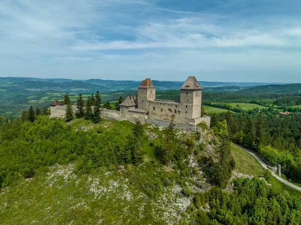 stock image Aerial view of Kasperk Hrad or Karlsberg castle in Czechia.  The central part of the castle consists of two residential towers and an oblong palace which was built between them