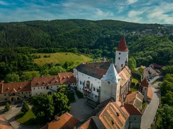 stock image Aerial view of triangular shape restored Gothic medieval castle Krivoklat in Central Bohemia Czech Republic with concentric keep