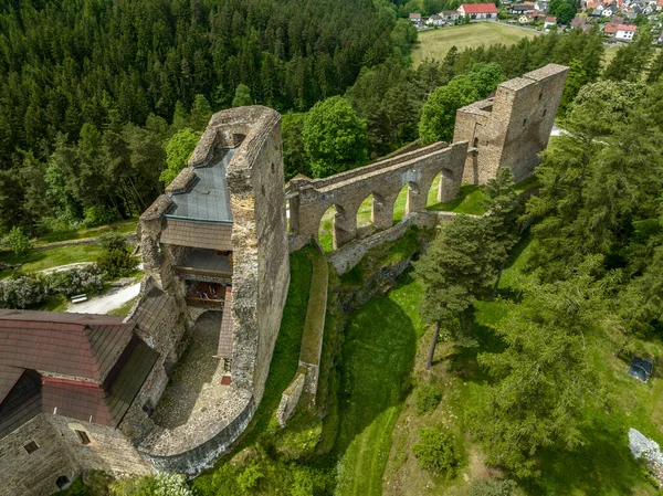 Vista Aérea Castelo Velhartice Boémia Com Dois Palácios Góticos Ligados — Fotografia de Stock