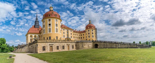 stock image Aerial view of Moritzburg castle a Baroque palace with four round towers on a symmetrical artificial island