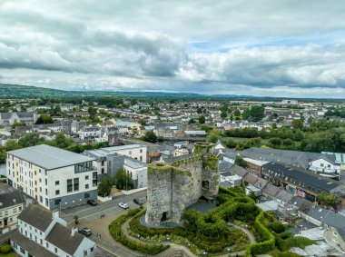 Carlow Kalesi 'nin ve İrlanda' daki Barrow nehrinin üzerinde dairesel kuleleri olan şehir manzarası.