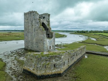 Carrigafoyle Kalesi 'nin havadan görünüşü Munster' daki harabe İrlanda Kulesi, Shannon nehri kıyısında savunma duvarları olan bir bina.