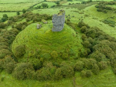 İlçe Limerick 'teki Shanid kalesinin hava manzarası önemli Anglo-Norman kalesi, çokgen bir kulenin parçalanmış kabuğu çevresi fosse ve bankayla çevrili büyük bir toprak motte.