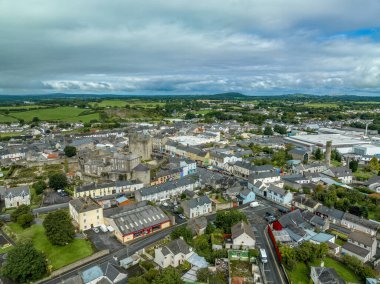 Orta İrlanda 'daki Roscrea şatosu ve kasabasının havadan görünüşü. Kule kalesi, dairesel kule ve bahçeyle çevrili duvarlar.