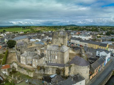 Orta İrlanda 'daki Roscrea şatosu ve kasabasının havadan görünüşü. Kule kalesi, dairesel kule ve bahçeyle çevrili duvarlar.