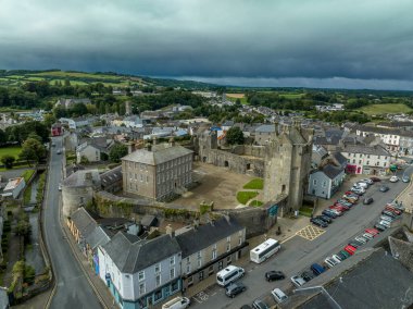 Orta İrlanda 'daki Roscrea şatosu ve kasabasının havadan görünüşü. Kule kalesi, dairesel kule ve bahçeyle çevrili duvarlar.