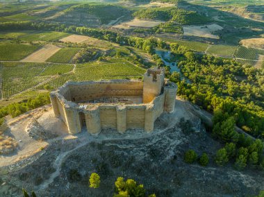 Rioja İspanya 'daki Ebro nehrinin üstündeki Davalillo kalesinin havadan görünüşü, yarı dairesel kuleler ve ortaçağ savunma binası, mavi bulutlu gökyüzü arka planı.