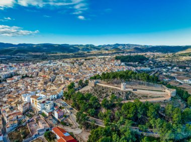 Aerial view of Segorbe castle, and city walls, medieval stronghold in Castellon province Spain with bull running week clipart
