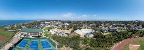 Aerial view of Point Loma Nazarene University  private Christian liberal arts college with its main campus on the Point Loma oceanfront in San Diego, California with Greek Amphitheater