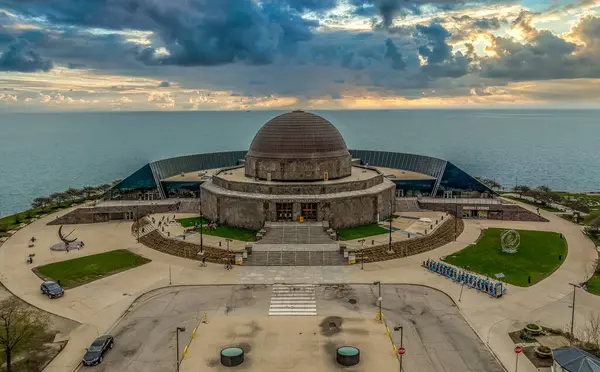 stock image Aerial view of Adler Planetarium on Lake Michigan in Chicago with lake front views