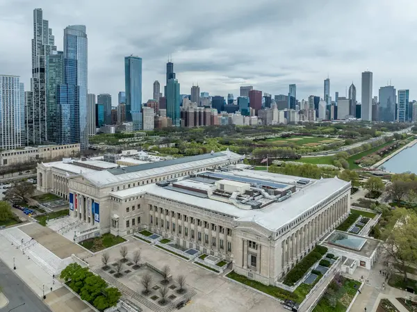 stock image Aerial panoramic view of Field museum, Millennium Park, Lakeside skyscrapers on the  Chicago skyline