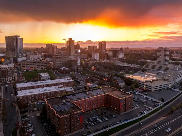 stock image Aerial view of New Brunswick business downtown in New Jersey with stunning colorful sunset sky