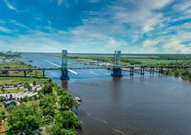 Cape Fear Memorial Bridge steel vertical-lift bridge in Wilmington North Carolina. Carries US17 highway between  Brunswick  and New Hanover County clipart