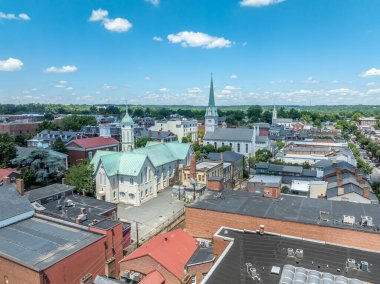 Aerial view Fredericksburg Virginia with Circuit Court building , historic business district, Baptist church, Chatham bridge over Rappahannock River clipart