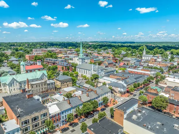 stock image Aerial view Fredericksburg Virginia with Circuit Court building , historic business district, Baptist church, Chatham bridge over Rappahannock River