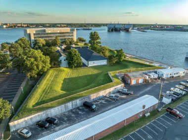 Aerial view of Fort Norfolk historic landmark with main gate, guardhouse, officers' quarters, powder magazine, and carpenter's shop in Virginia clipart