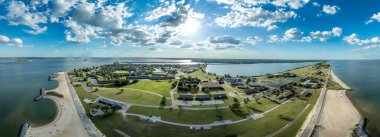 Aerial view of Fort Monroe former military installation in Hampton, Virginia, Old Point Comfort protecting the entrance to the bay with seven bastions clipart