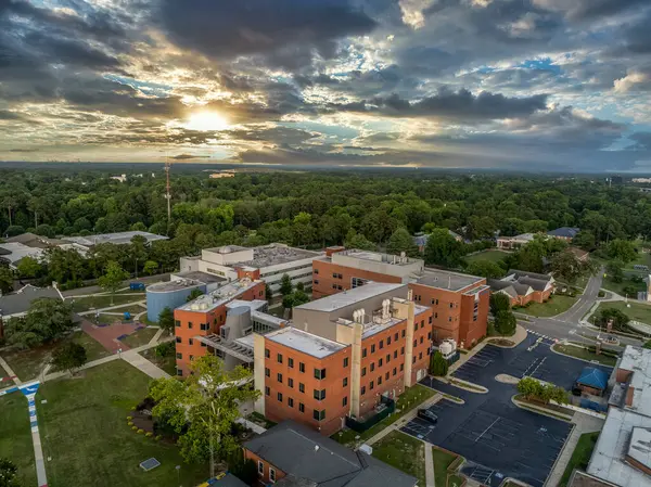 stock image Aerial view of Fayetteville State University public historically black university in Fayetteville, North Carolina with dramatic colorful sunset sky