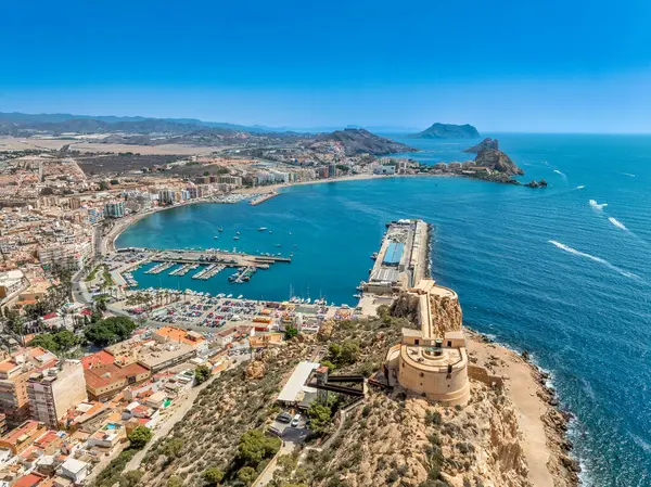 stock image Aerial view of San Juan fort and popular beach in Aguilas Spain, popular Mediterranean tourist destination with turquoise water