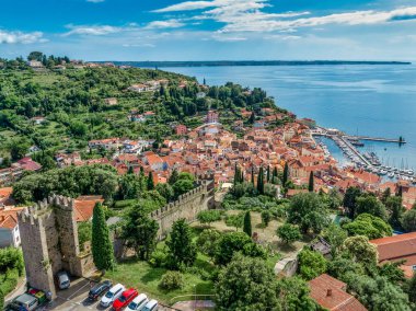 Slovenya 'nın Istria kentindeki Piran ortaçağ manzarası, kırmızı çatıları, şehir duvarı, katolik kilisesi, popüler turizm beldesi