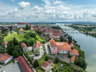 Kırmızı çatılı Ptuj kalesinin havadan görünüşü Gotik Rönesans Sarayı binası, kaleler, eski kentin tepesindeki kuleler, Slovenya 'daki Drava nehri