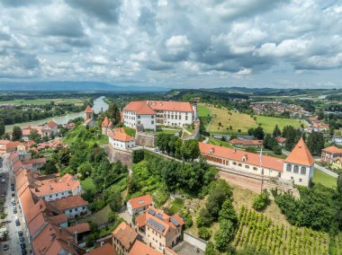 Aerial view of Ptuj castle with red roof gothic renaissance palace building, bastions, towers on a hilltop above the old town, Drava river in Slovenia clipart