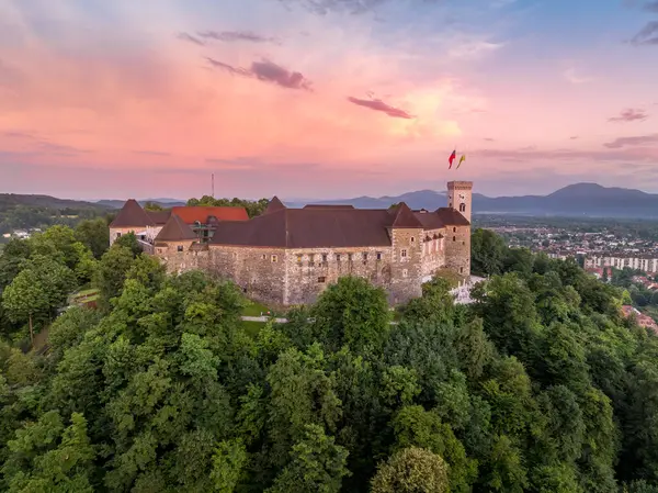 Frederick 'in kulesinin hava görüntüsü. Palatium, Estate Hall, Erasmus Tower, Ljubljana şatosu Slovenya 'da ortaçağ hapishanesi