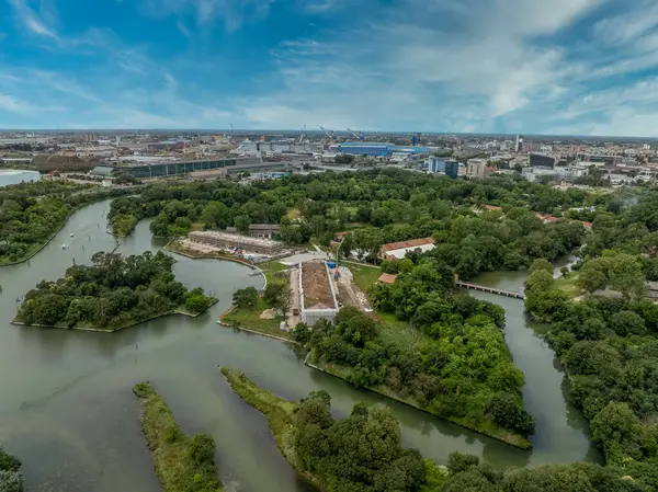 stock image Aerial view of Forte Marghera in Mestre Italy former Austrian fortification protecting Venice with water filled moat, artillery bastion, barracks