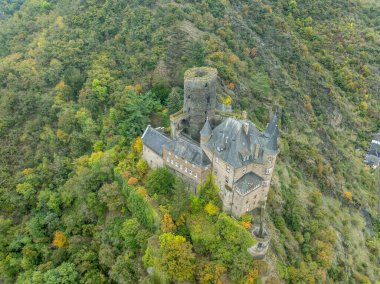 Aerial top down view of Burg Katz (Cat castle) above the German town of Sankt Goarshausen in Rhineland-Palatinate. Round keep and medieval palace building clipart