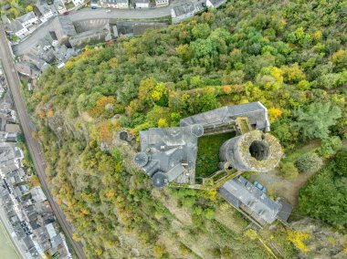 Aerial top down view of Burg Katz (Cat castle) above the German town of Sankt Goarshausen in Rhineland-Palatinate. Round keep and medieval palace building clipart