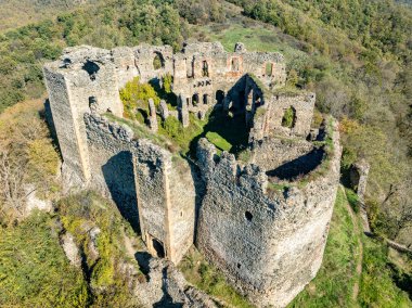 Ortaçağ Solymos 'u, Mures nehri üzerindeki Soimos şatosu harabesi, kare kalesi, kapı evi, Lipova yakınlarındaki eşmerkezli duvarlar.