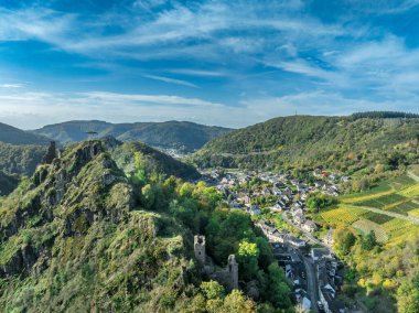 Aerial view of Are castle in Altenahr Germany, medieval hilltop ruined fortress with walls and towers above the river clipart