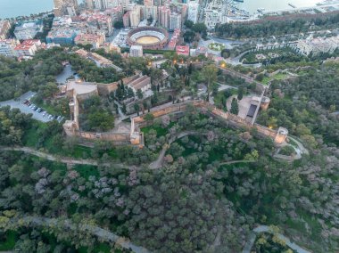 Aerial view of Malaga Alcazaba and Gibralfaro castle, crenellated wall, parapet and towers on a hilltop clipart