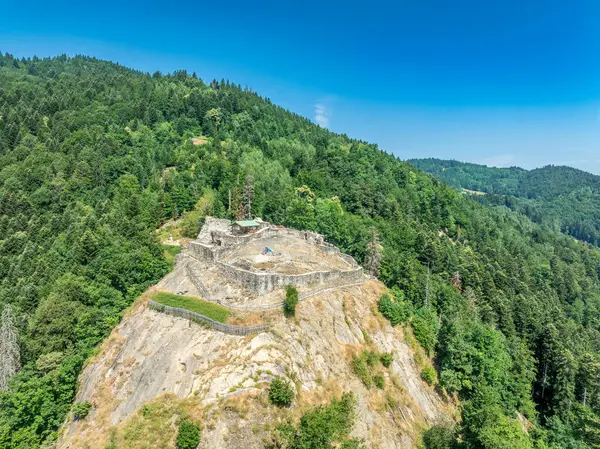 Fransa Savoy 'daki ortaçağ Rocafort şatosunun mavi gökyüzü tepesindeki havadan görünüşü