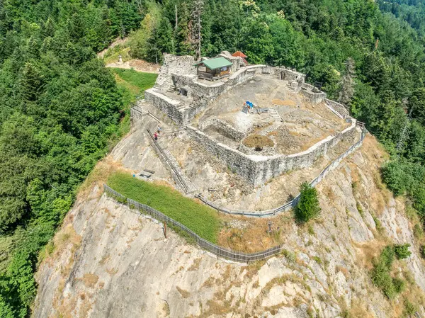 Fransa Savoy 'daki ortaçağ Rocafort şatosunun mavi gökyüzü tepesindeki havadan görünüşü