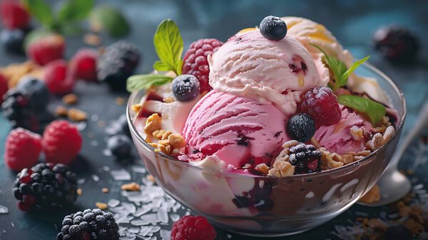 Raspberry ice cream in a glass bowl closeup with