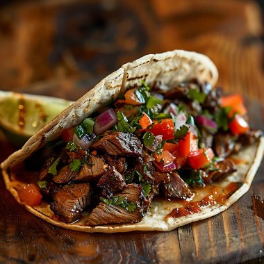 Tahtada etli, marullu, peynirli ve domatesli taco.