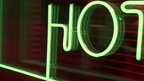 Neon Glowing Hotel Hostel Neon Green Color Sign Fluorescent Light — Stock Video