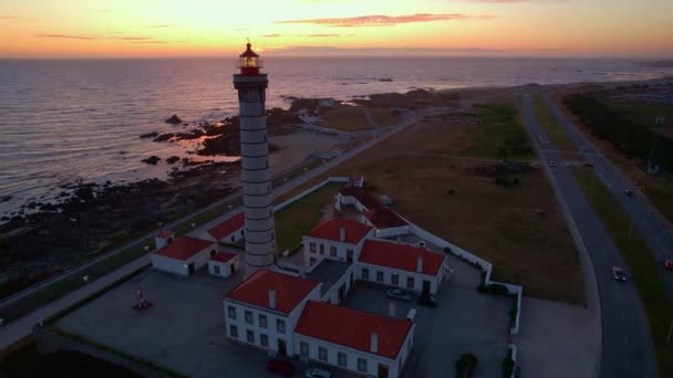 Evening Aerial View Lighthouse Leca Palmeira Matosinhos North Portugal — Wideo stockowe