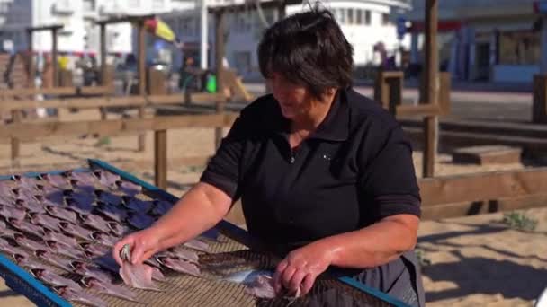ポルトガルのナザレ 2012年9月12日 女性がビーチで伝統的な魚の乾燥のために新鮮な魚を産む — ストック動画