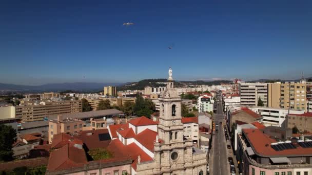 Widok Lotu Ptaka Zabytkowe Centrum Miasta Braga Igreja Carmo Portugalia — Wideo stockowe