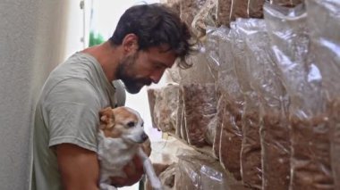 Young man holding a small dog and checking lion mane mushrooms on the outdoor mushroom farm.
