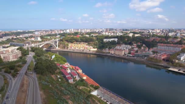 Aerial Drone View Porto Embankment River Douro Arrabida White Bridge — Stockvideo