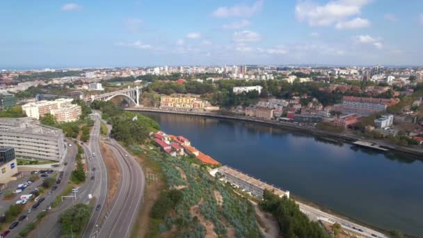 Aerial Drone View Porto Embankment River Douro Arrabida White Bridge — Stockvideo