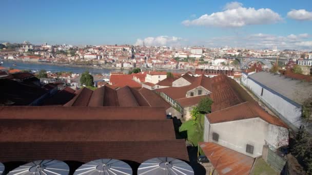 空中映像だ ワイン発酵のための大きなスチールバレル ヴィラ ノヴァ ガイア旧市街のポルトワイン生産工場 ポルトガル — ストック動画