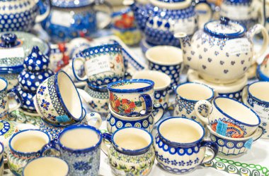 Warsaw, Poland - January 26, 2023: traditional porcelain from Boleslawiec in the shop. Handmade pottery clipart